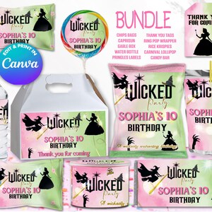 Mallar för födelsedagspaket med WICKED-motiv. Redigera dig själv i CANVA. Festpaket. 10 onlinemallar