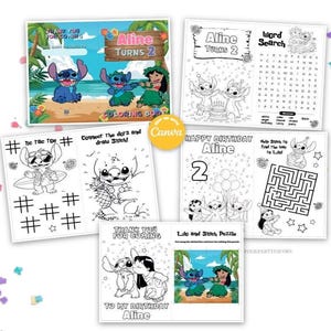Op de afbeelding: Een verzameling kleur- en activiteitspagina's voor kinderen met de personages Stitch en Lilo. De pagina's bevatten kleurboekomslagen, tic-tac-toe, verbind-de-stippen, doolhoven en woordzoekers. Het thema is een verjaardagsfeest met de tekst "Aline Turns 2".