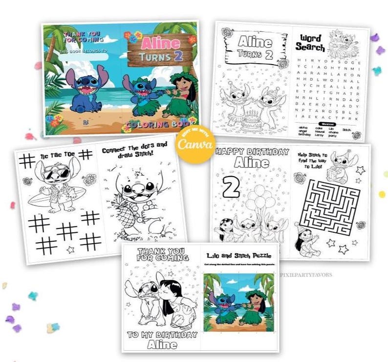 Op de afbeelding: Een verzameling kleur- en activiteitspagina's voor kinderen met de personages Stitch en Lilo. De pagina's bevatten kleurboekomslagen, tic-tac-toe, verbind-de-stippen, doolhoven en woordzoekers. Het thema is een verjaardagsfeest met de tekst "Aline Turns 2".