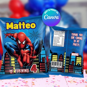 Modèle de sacs de chips SPIDER MAN, modifiez-le vous-même dans CANVA. Kit de fête. Modèle en ligne.
