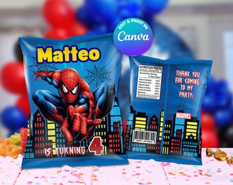 SPIDER MAN Chips bags Template, Edit Yourself in CANVA. Party Kit. Online template.