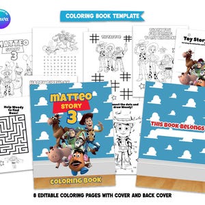Puede incluir: Un conjunto de ocho páginas para colorear editables con personajes de la película Toy Story. Las páginas incluyen laberintos, conecta los puntos y rompecabezas. La portada presenta el texto "MATTEO STORY 3" y "COLORING BOOK". El fondo es azul claro con nubes blancas.