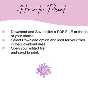 Pode incluir: Gr&aacute;fico rosa e roxo com o texto "How to Print" e instru&ccedil;&otilde;es sobre como baixar e imprimir um arquivo digital. O gr&aacute;fico tamb&eacute;m inclui um logotipo para "Dixie Party Printables".