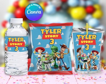 BUNDLE TOY Story chips bag, juice labels, water bottle labels, etc, Edit Yourself in CANVA. Party Kit. 3 Online templates