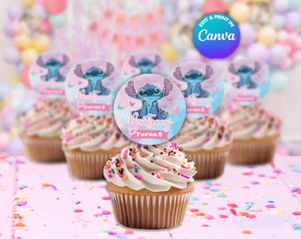 Stitch CUPCAKE Toppers Template, EDIT Yourself in CANVA. Party Kit. Online template.
