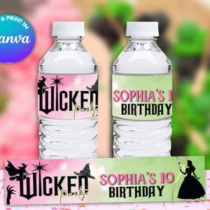 May include: Two water bottle labels with a pink and green background. The labels feature a witch and the text "Wicked Party" and a princess and the text "Sophia's 1st Birthday".