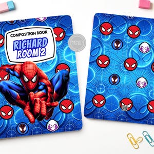 May include: Two composition books featuring a blue spiderweb background with red and white spider-themed character masks. The left book displays the text COMPOSITION BOOK RICHARD ROOM 2 in a white label. The design includes various circular character icons.