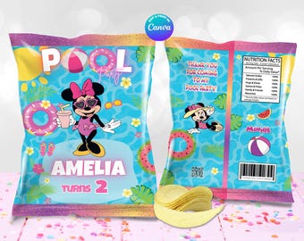 Vorlage für bearbeitbare Minnie-Chips-Tüten, selbst in Canva bearbeiten. Online-Vorlage.