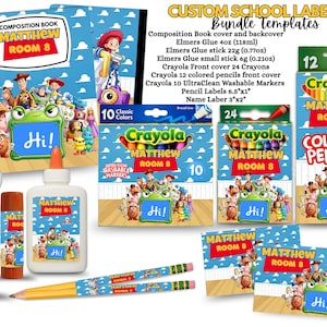 May include: A collection of custom school labels featuring Toy Story characters, including covers for composition books, glue bottles, glue sticks, crayon boxes, colored pencils, and markers, all personalized with the name Matthew and Room 8.