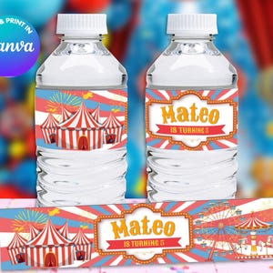 CARNIVAL Circus Water bottles Template, Edit Yourself in CANVA. Party Kit. Online template.