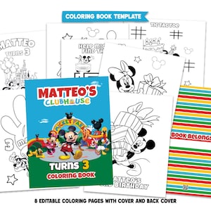 Puede incluir: Un conjunto de páginas para colorear para niños con Mickey Mouse y sus amigos. La portada dice "Matteo's Clubhouse Turns 3 Coloring Book". Incluye páginas de Tic Tac Toe y otras actividades. La portada y la contraportada están incluidas.