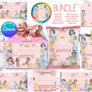 BUNDLE PRINCESS chips bag, juice labels, etc, Edit Yourself in CANVA. Party Kit. 10 Online templates
