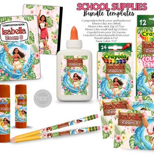 Puede incluir: Un conjunto de plantillas de material escolar con etiquetas temáticas de Moana para cuadernos, pegamento Elmer's, crayones Crayola y lápices de colores. Los artículos muestran el texto Isabella Room 8, motivos florales y una ilustración.