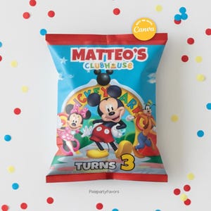 Vorlage für eine Mickey-Chips-Tüte, selbst in Canva bearbeiten. Party-Set. Online-Vorlage.