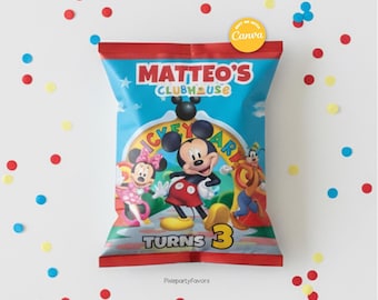 Vorlage für eine Mickey-Chips-Tüte, selbst in Canva bearbeiten. Party-Set. Online-Vorlage.