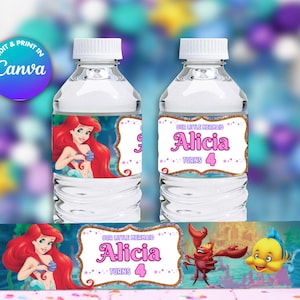 Little MERMAID Ariel water bottles template. Edit Yourself in CANVA. Party Kit. Instant Download.