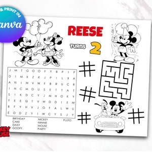 Op de afbeelding: Een zwart-witte, afdrukbare activiteitenpagina met Mickey Mouse en zijn vrienden. De pagina bevat een woordzoeker, een doolhof en een kleurplaat. De tekst op de pagina luidt "Reese wordt 2".