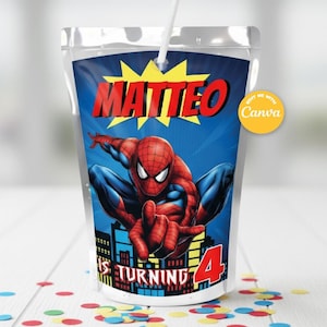 Modello di etichette per succhi SPIDER MAN, modificabile in CANVA. Kit per feste. Modello online.