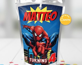 SPIDER MAN juice labels Template, Edit Yourself in CANVA. Party Kit. Online template.