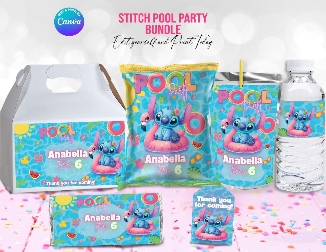 Stitch Pool Set Editable Stitch POOL Party Kit 6 Templates, Edit Yourself in CANVA ...