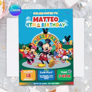 INVITO Modello Mickey Club House, modificalo tu stesso in CANVA. Modello online.