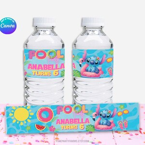 Wasserflaschen Stitch POOL Party Vorlage. Bearbeiten Sie sich selbst in CANVA. Online-Vorlage.