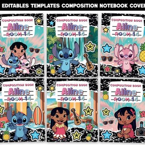 Puede incluir: Seis portadas de cuadernos de composición con los personajes de Lilo & Stitch. Cada portada tiene un diseño único con el texto "Aline - Room 14". Las portadas incluyen ilustraciones de Stitch, Lilo y elementos tropicales.