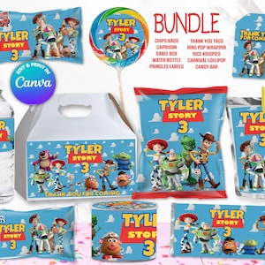 BUNDLE TOY Story chips bag, juice labels, water bottle labels, etc, Edit Yourself in CANVA. Party Kit. 10 Online templates