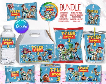 BUNDLE TOY Story chips bag, juice labels, water bottle labels, etc, Edit Yourself in CANVA. Party Kit. 10 Online templates