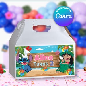 Modelo de caixa Stitch Gable, EDITE você mesmo no CANVA. Modelo de kit de festa on-line.