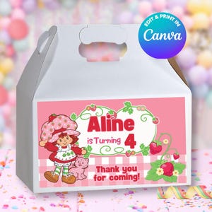 Modèle de boîte à pignon STRAWBERRY, modifiez-le vous-même dans CANVA. Kit de fête. Modèle en ligne.