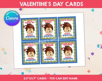 May include: Six printable Valentine's Day cards featuring a cartoon character with the text "Let's Level Up", "You've Got Game", "Let's Play", "Happy Valentine's Day", "Built to Be Buds", and "Glad We're Friends". Each card has a space to write "From:" and a name. The cards are 2.8 inches by 3.7 inches.