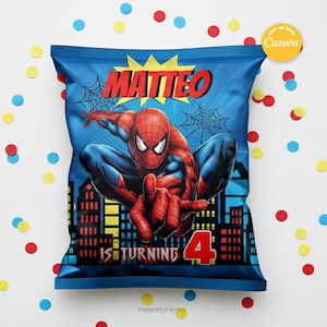SPIDER MAN Chipszakjes Sjabloon, Bewerk het zelf in CANVA. Feestpakket. Online sjabloon.