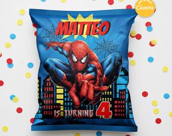 SPIDER MAN Chips bags Template, Edit Yourself in CANVA. Party Kit. Online template.