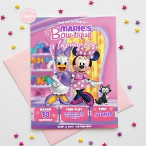 May include: A pink invitation card featuring Minnie Mouse and Daisy Duck. The card reads "Marie's Bow-tique is turning One" with event details: March 18, Fair Play, and 5-8 PM. A black cat is also featured.
