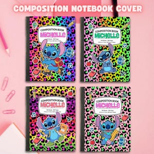 May include: Four composition notebooks with a colorful leopard print cover. Each notebook features a blue cartoon character, the name "Michelle", and various school-themed illustrations. The notebooks are 9.75 x 7 inches.