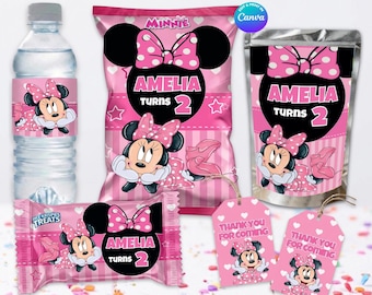 PAKET MINNIE-födelsedagsmallar. Redigera dig själv i CANVA. Festkit. 5 onlinemallar