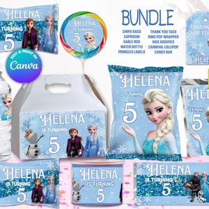 BUNDLE frozen Party Favors, Edit Yourself in CANVA. Party Kit. 10 Online templates