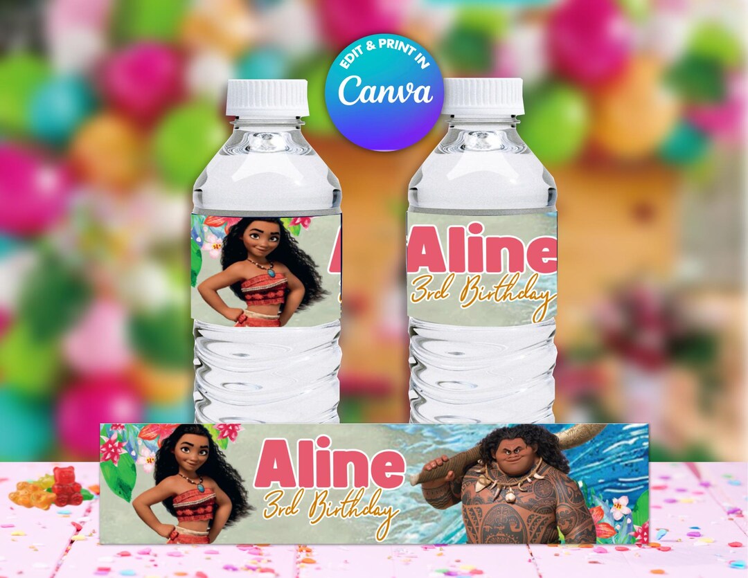 Moana WATER Bottles Template, Edit Yourself in CANVA. Party Kit. Online ...