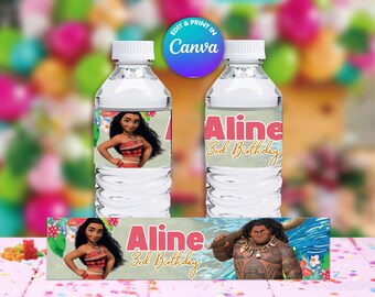 Moana WATER bottles Template, Edit Yourself in CANVA. Party Kit. Online template.