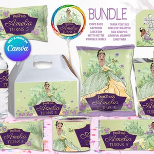 BUNDLE Princess Tiana chips bag, juice labels, water bottle labels, etc, EDIT Yourself in CANVA. Party Kit. 10 Online templates