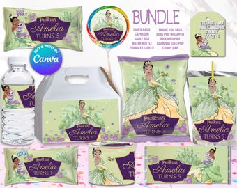 BUNDLE Princess Tiana chips bag, juice labels, water bottle labels, etc, EDIT Yourself in CANVA. Party Kit. 10 Online templates