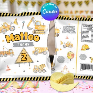 May include: Construction themed party favor bags with a yellow and black striped border. The front of the bag features a yellow and gray construction truck with the name Matteo and the text "Turns 2". The back of the bag has the text "Thank you for coming to my party!" and a nutrition facts label.