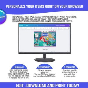 Pode incluir: Um ecr&atilde; de computador a mostrar um modelo de design para um r&oacute;tulo de produto. O r&oacute;tulo apresenta uma imagem de desenho animado de Ariel de A Pequena Sereia. O texto no ecr&atilde; diz "Edit & Print in Canva".