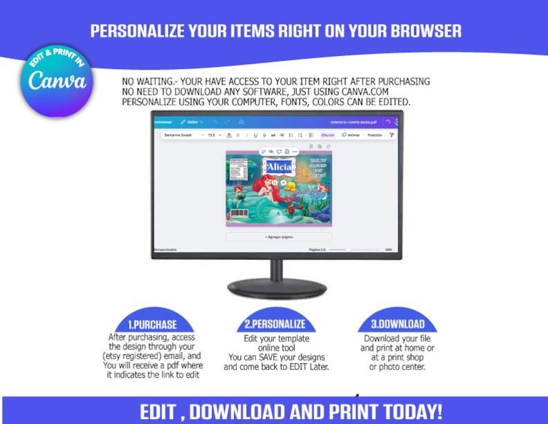 Pode incluir: Um ecr&atilde; de computador a mostrar um modelo de design para um r&oacute;tulo de produto. O r&oacute;tulo apresenta uma imagem de desenho animado de Ariel de A Pequena Sereia. O texto no ecr&atilde; diz "Edit & Print in Canva".