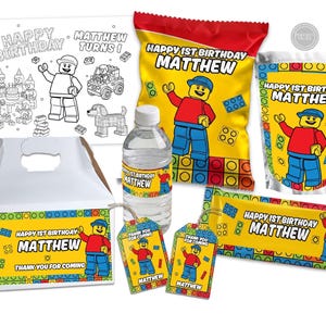 May include: A collection of party supplies with a Lego theme, including a coloring page, a white box, a water bottle, a chip bag, a juice pouch, and tags. The items feature the text "Happy 1st Birthday Matthew" and a Lego figure illustration.