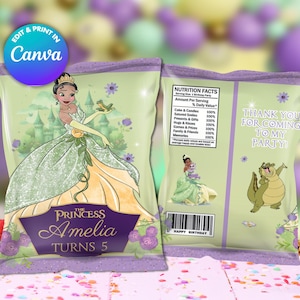 May include: A green and yellow princess themed party favor bag with a cartoon image of a princess in a green and yellow dress. The bag has the text "The Princess Amelia Turns 5" on it. The bag also has a nutrition facts label and a thank you for coming to my party message.