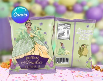 Modelo de embalagem de batatas fritas da Princesa Tiana, edite você mesmo no Canva. Kit para festa. Download instantâneo.