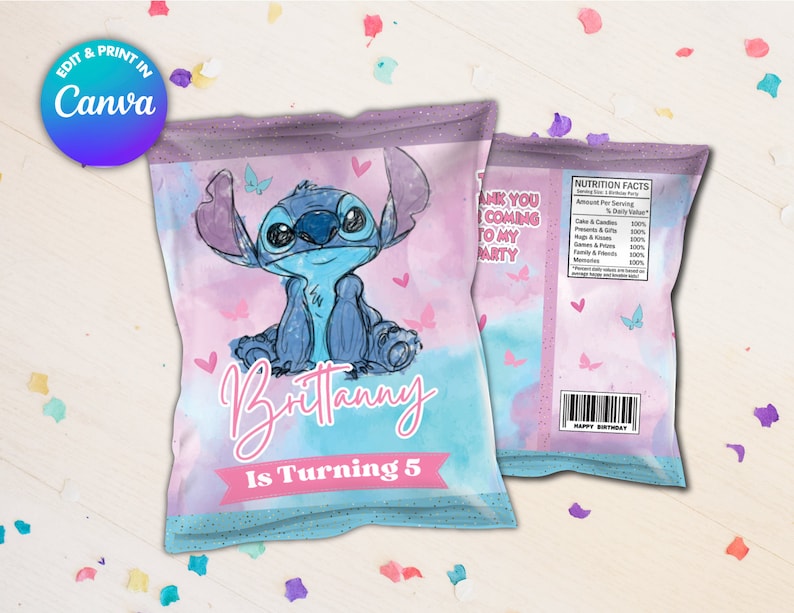May include: A pink and blue chip bag with a cartoon Stitch character. The bag says "Thank you for coming to my party" and "Brittany is turning 5".