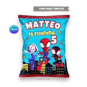 May include: A blue chip bag template featuring three cartoon Spider-Man characters. The bag has the text "MATTEO IS TURNING 5" in white. The bag has a red top and bottom border and a cityscape silhouette.
